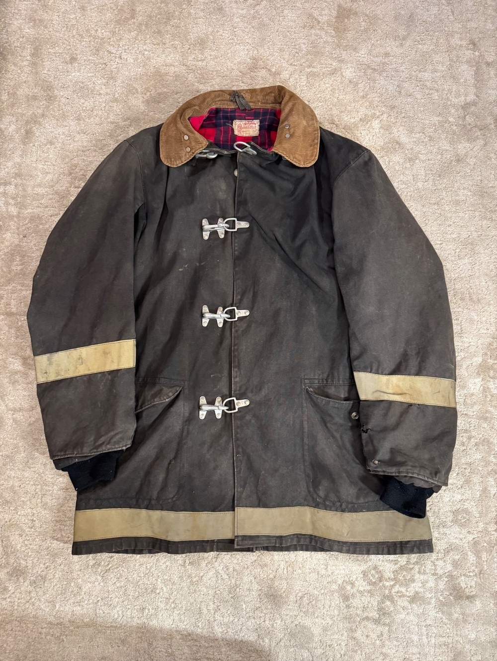 Vintage 1960s The Globe MFG Fireman Jacket Firefighter Turnout Coat Plaid Lined